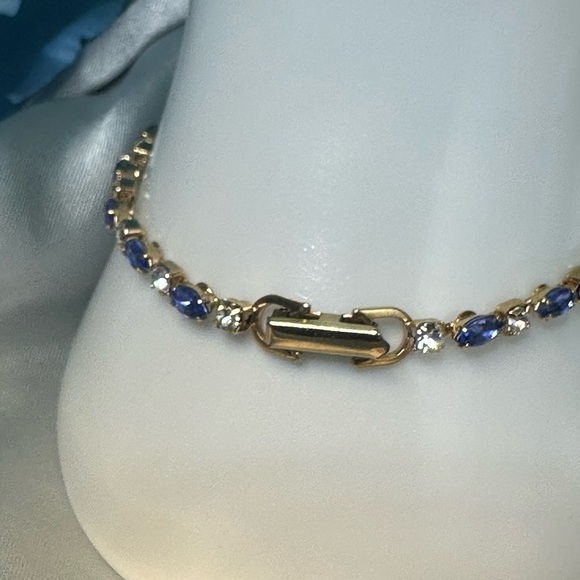 Vintage Gold Plated Tennis Bracelet – Blue & Clear Rhinestones, 7.5” - Picture 5 of 14